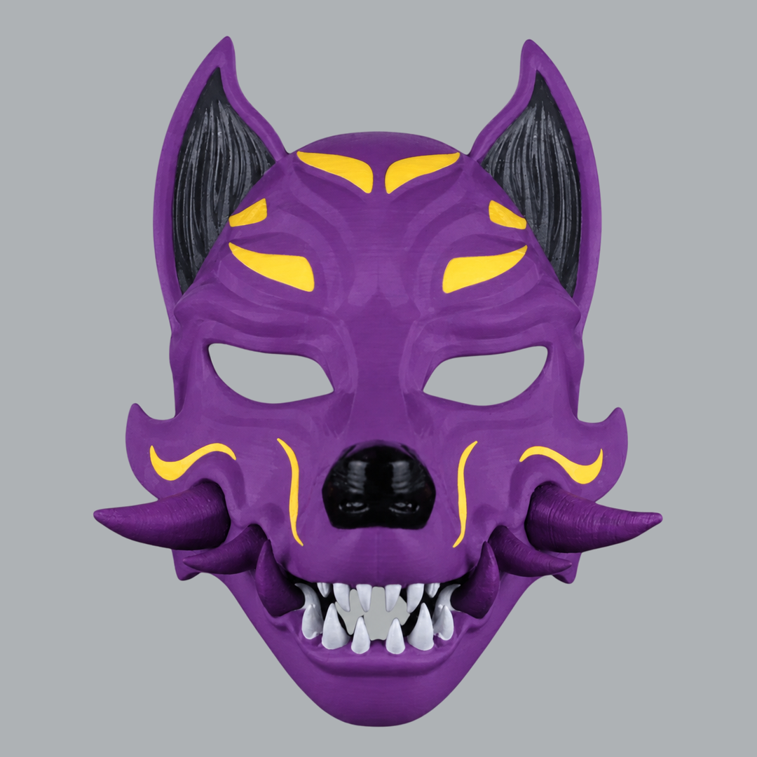 Kitsune Fox Mask With Fangs - Pimp Violet / Easter Yellow - front view
