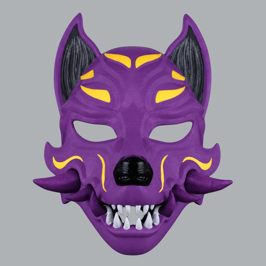Kitsune Fox Mask With Fangs - Pimp Violet / Easter Yellow - front view