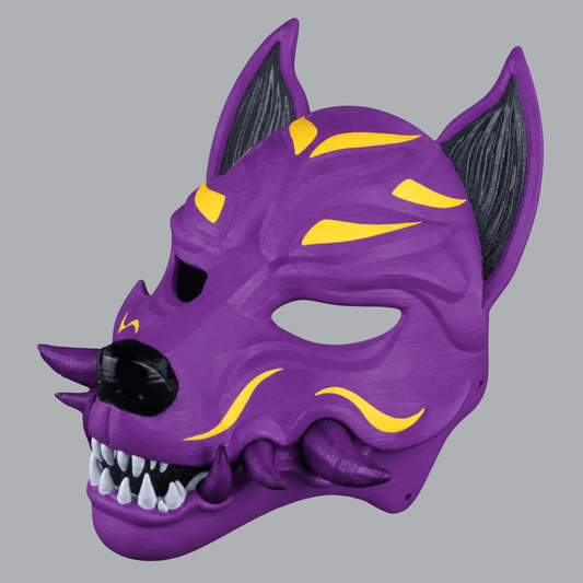 Kitsune Fox Mask With Fangs - Pimp Violet / Easter Yellow - three-quarter view facing left