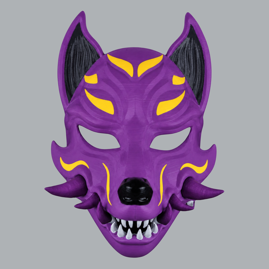 Kitsune Fox Mask With Fangs - Pimp Violet / Easter Yellow - raised front view