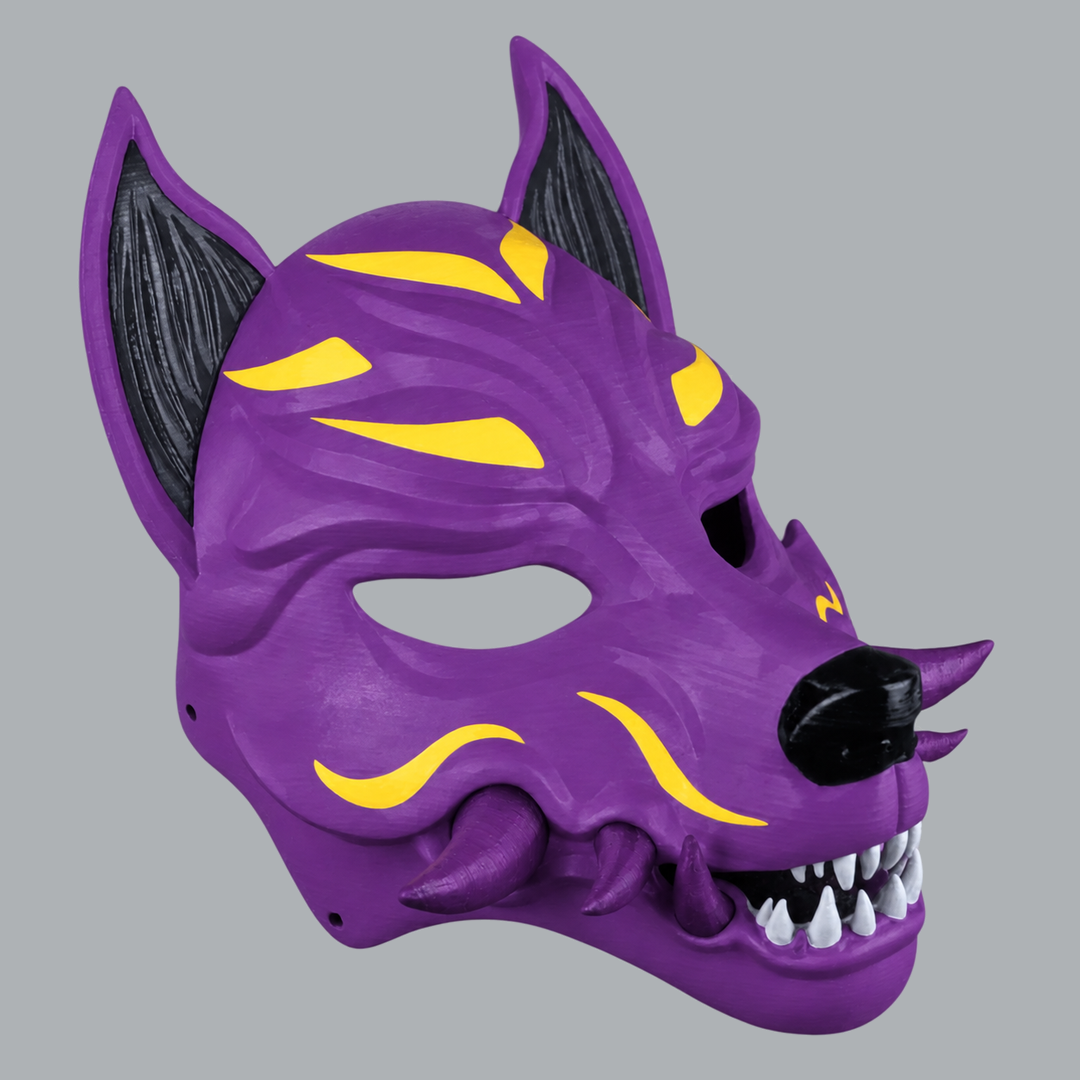 Kitsune Fox Mask With Fangs - Pimp Violet / Easter Yellow - three-quarter view facing right