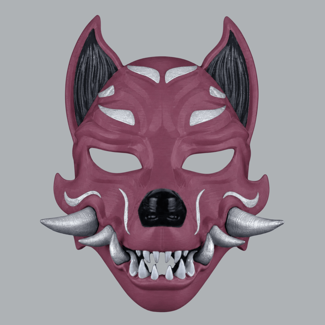 Kitsune fox mask with fangs in Plum / Silver, front view