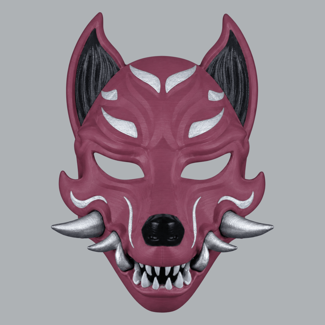 Kitsune fox mask with fangs in Plum / Silver, elevated front view