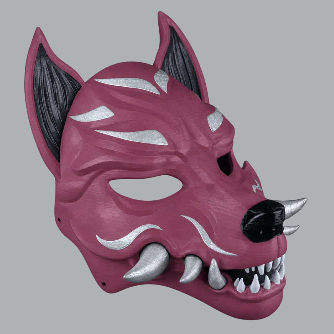 Kitsune fox mask with fangs in Plum / Silver, right-facing three-quarter view
