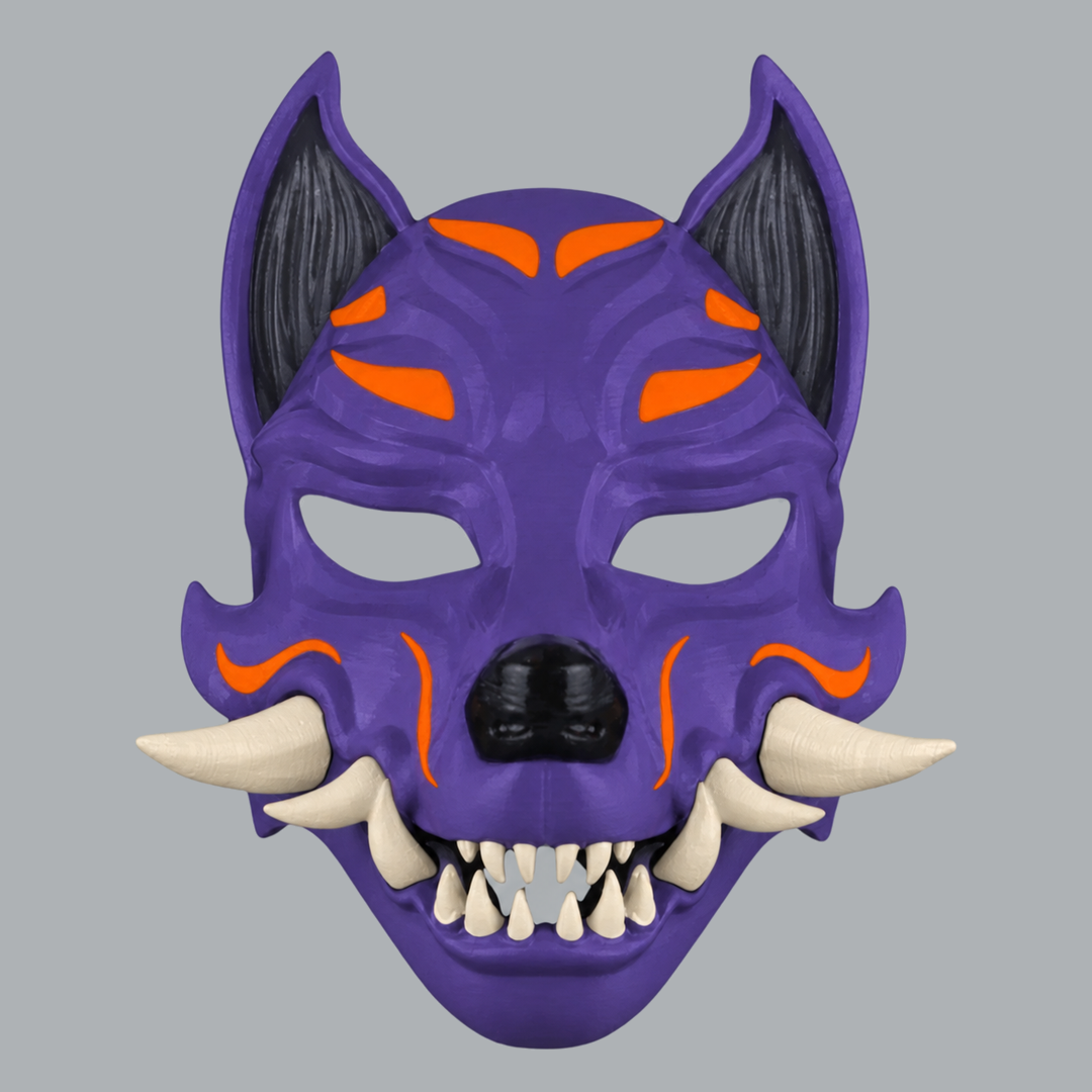 Kitsune Fox Mask With Fangs - Royal Purple / Pure Orange / Ivory - front view