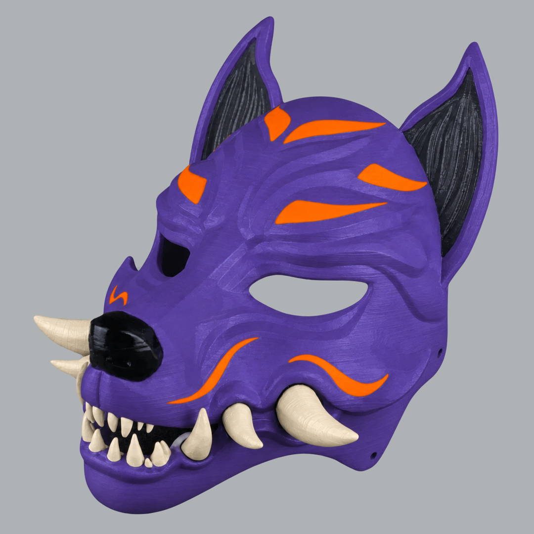 Kitsune Fox Mask With Fangs - Royal Purple / Pure Orange / Ivory - left-facing three-quarter view