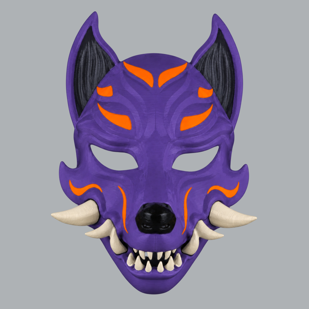 Kitsune Fox Mask With Fangs - Royal Purple / Pure Orange / Ivory - raised front view