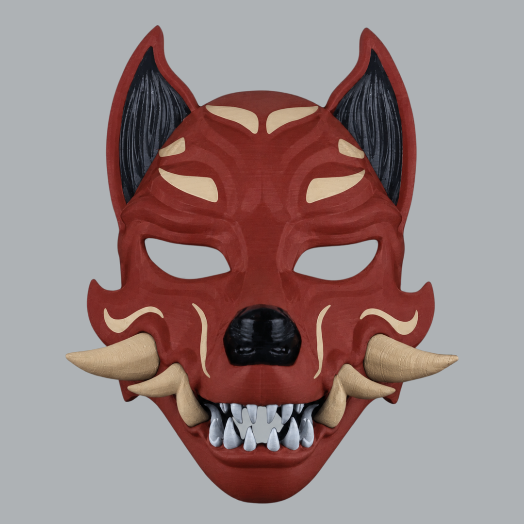 Kitsune Fox Mask With Fangs - Rust / Beige, front view, approved pilot