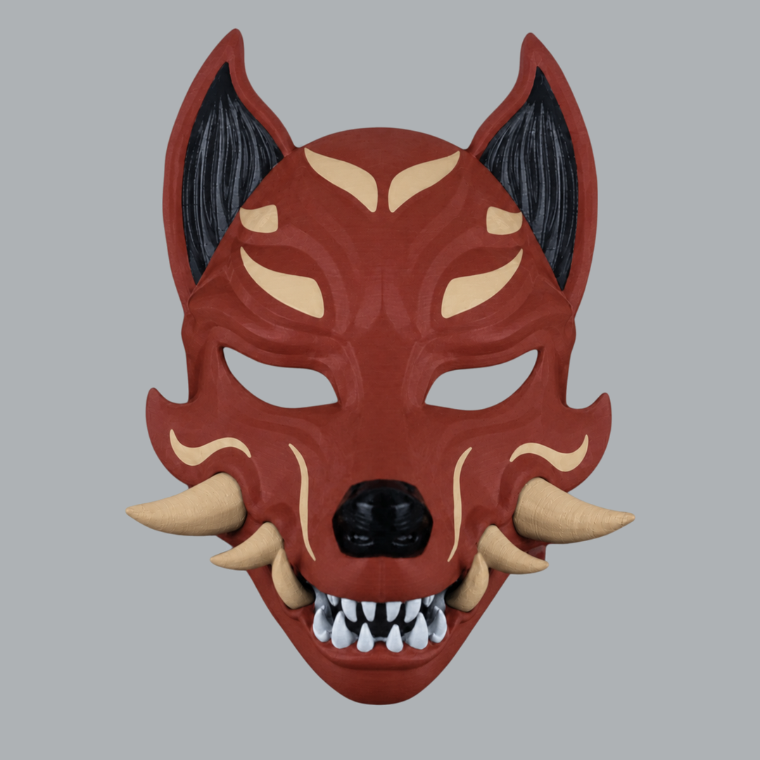 Kitsune Fox Mask With Fangs - Rust / Beige, elevated front view