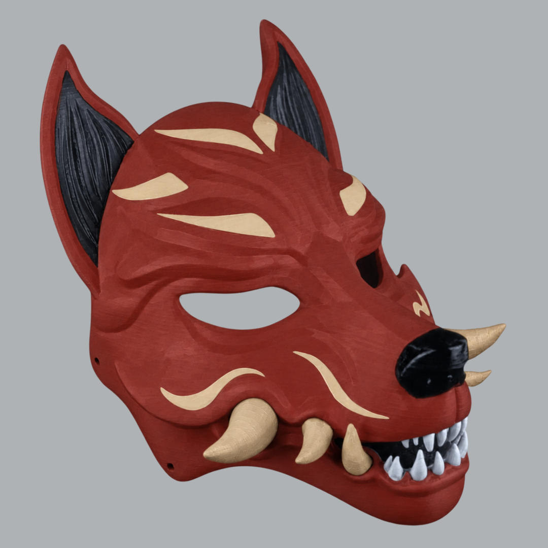 Kitsune Fox Mask With Fangs - Rust / Beige, three-quarter view with the nose pointing right
