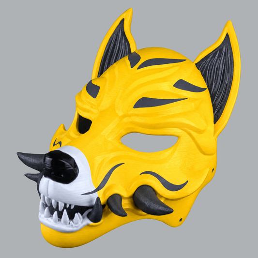 Yellow / Slate kitsune fox mask with fangs, three-quarter view facing left