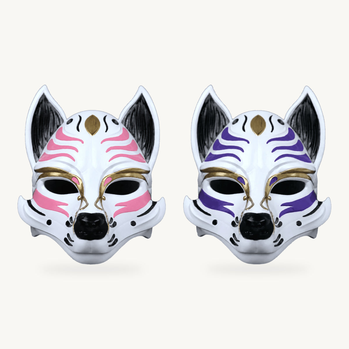 Kitsune Pastel Duo — Kitsune Fox Mask - White / Pink and Kitsune Fox Mask - White / Royal Purple
