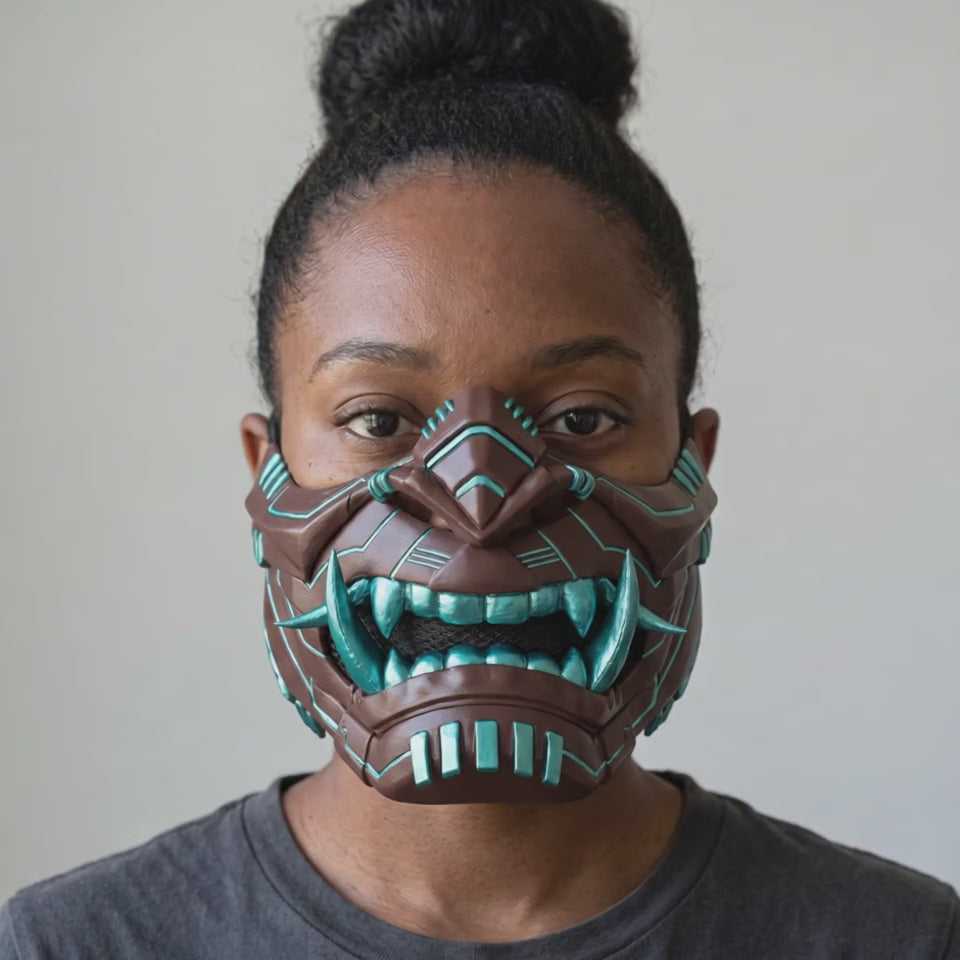 Cyber Oni Mask - Shock Brown / Caribbean worn on a model