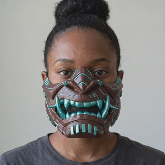 Cyber Oni Mask - Shock Brown / Caribbean worn on a model