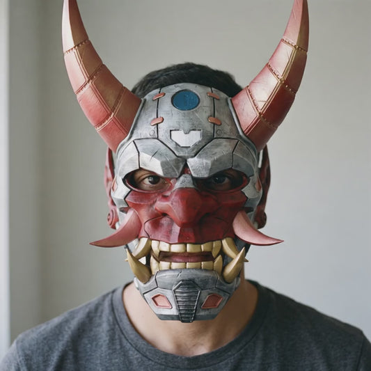Cyborg Full Face Oni Mask - Silver worn on a model