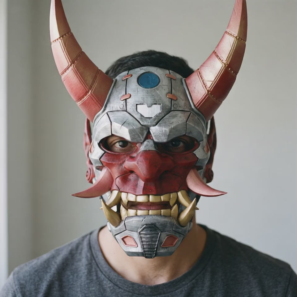 Cyborg Full Face Oni Mask - Silver worn on a model