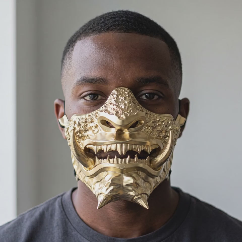 Japanese Oni Mask - Full Gold worn on a model