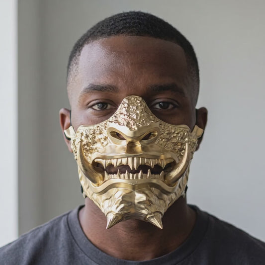 Japanese Oni Mask - Full Gold worn on a model
