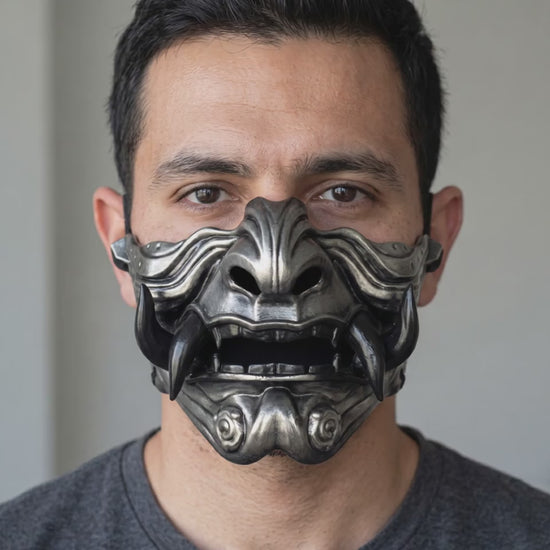 Samurai Oni Mask - Titanium/Black worn on a model