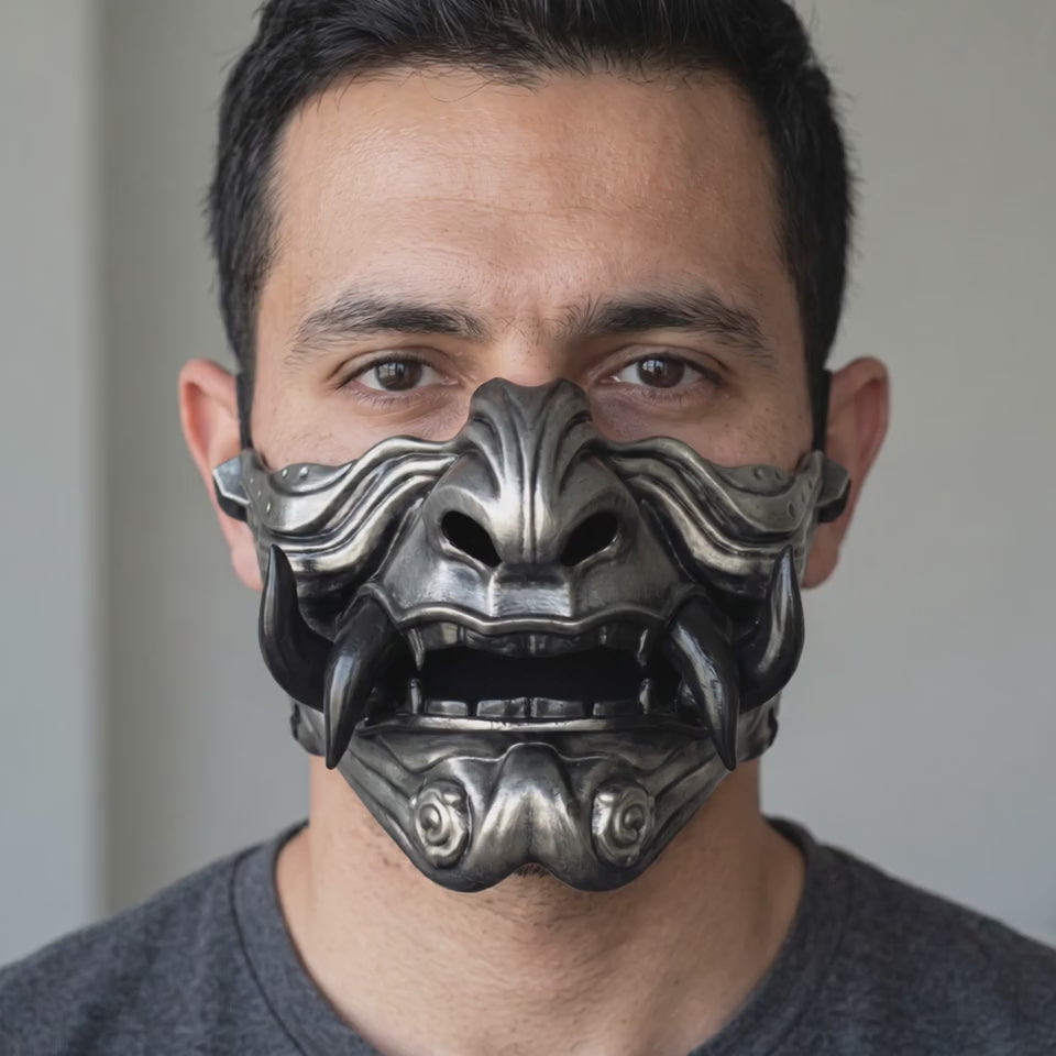 Samurai Oni Mask - Titanium/Black worn on a model