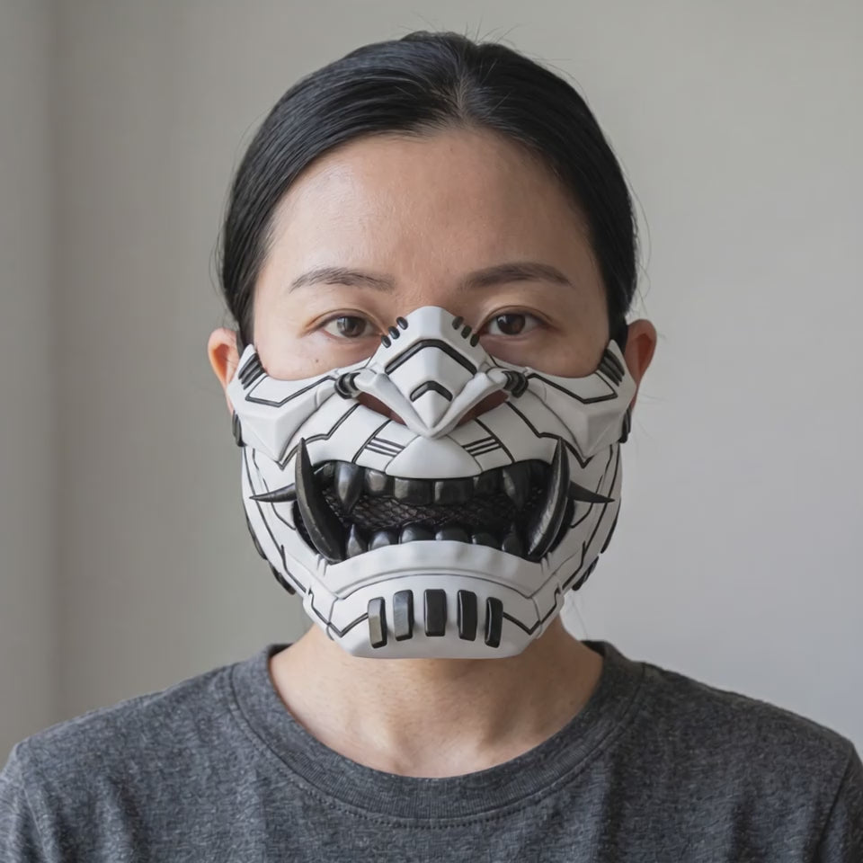 Cyber Oni Mask - Matte White/Black Stripes worn on a model