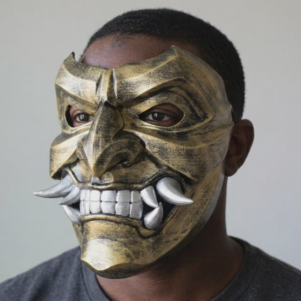 Kabuto Mask With Fangs Bronze worn on a model