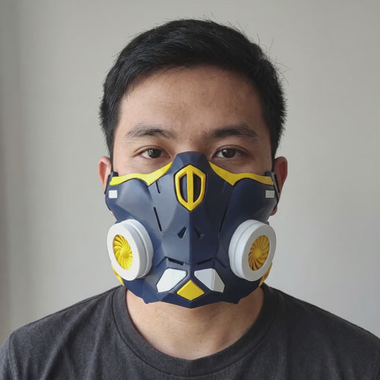 Cyber Ninja Cosplay Warrior Mask - Midnight Blue/Yellow worn on a model