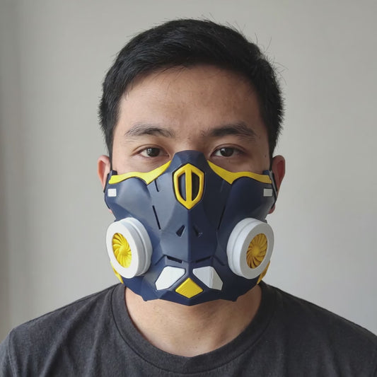 Cyber Ninja Cosplay Warrior Mask - Midnight Blue/Yellow worn on a model