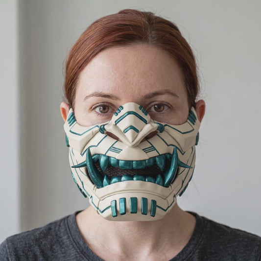 Cyber Oni Mask - Ivory / Petrol worn on a model