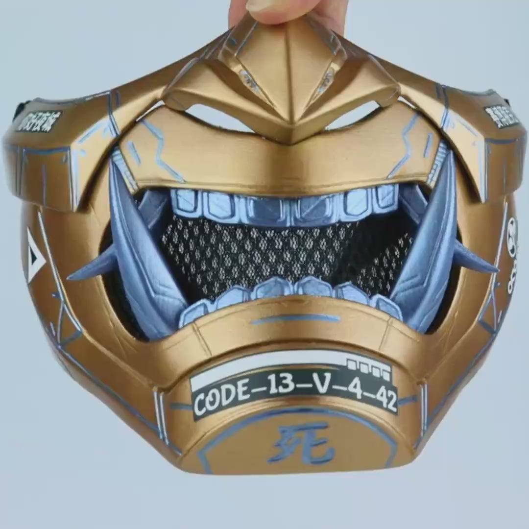 Cyberpunk Oni Mask - Metallic Gold/Ice Blue Stripes – Space Armory