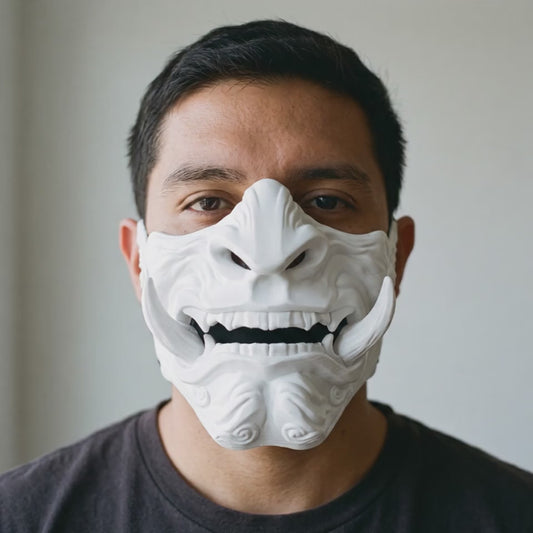 Demon Oni Mask - Full Matte White worn on a model