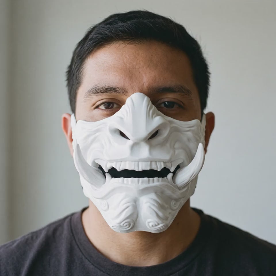 Demon Oni Mask - Full Matte White worn on a model