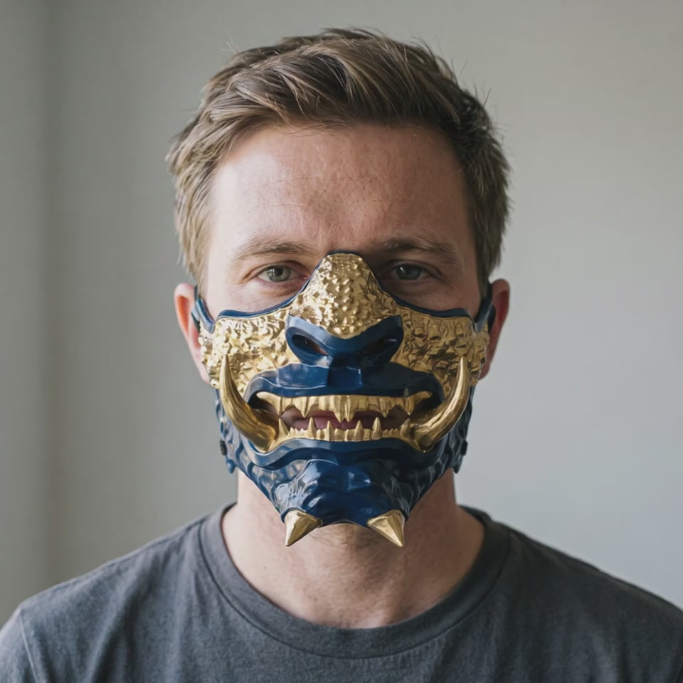 Japanese Oni Mask - Midnight Blue/Gold worn on a model
