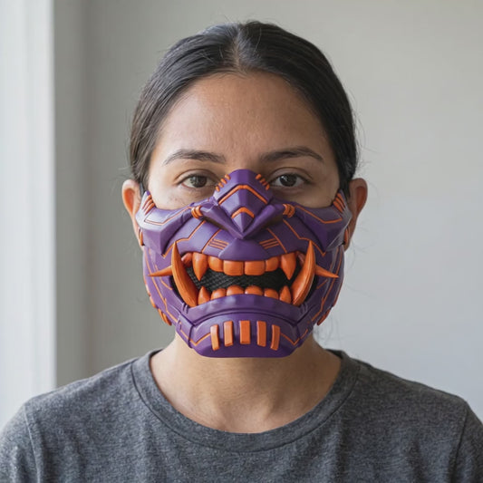 Cyber Oni Mask - Violet / Orange worn on a model