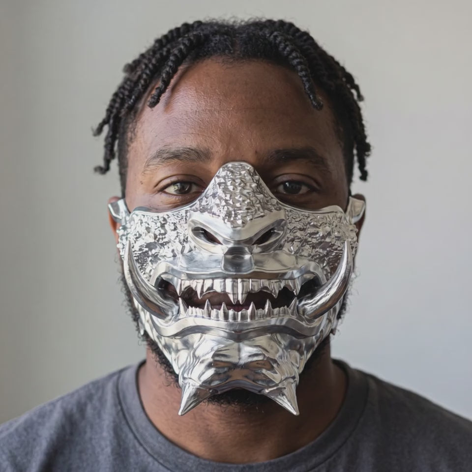 Japanese Oni Mask - Full Chrome Silver worn on a model
