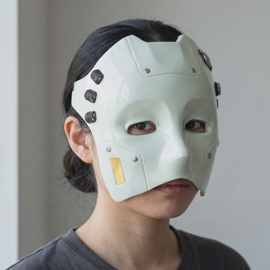 Cyborg Android Robot Mask - White worn on a model