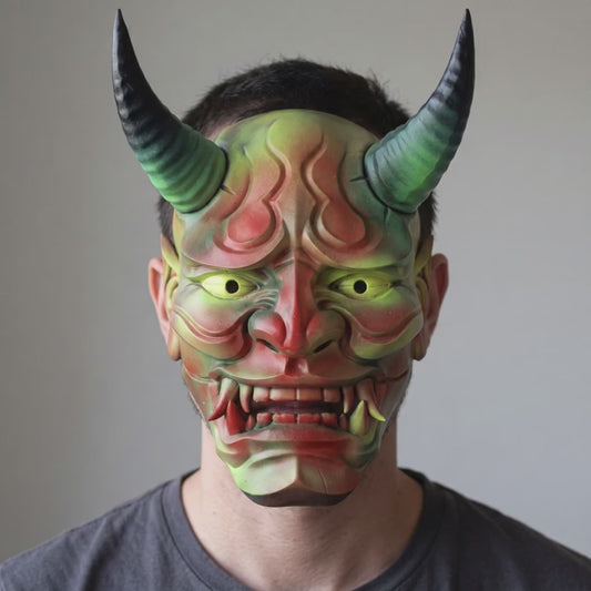 Japanese Full Face Oni Mask - Red/Yellow worn on a model