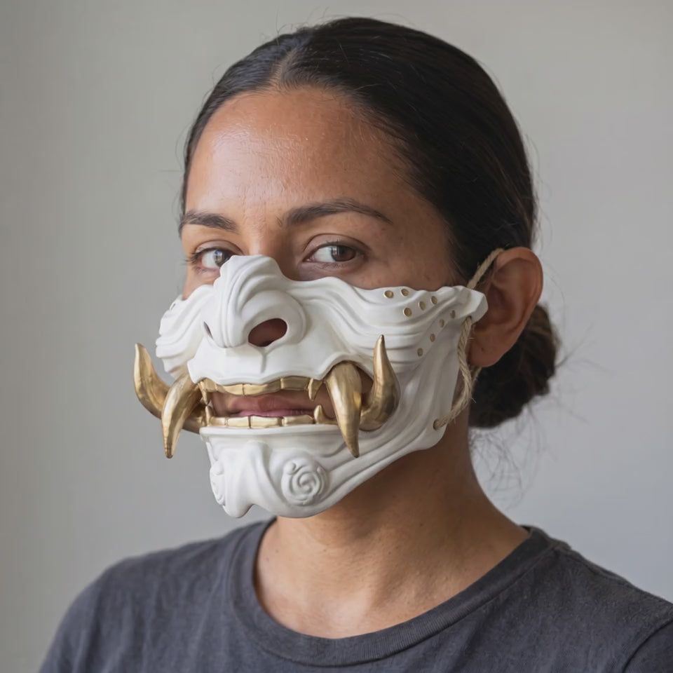 Samurai Oni Mask - White worn on a model
