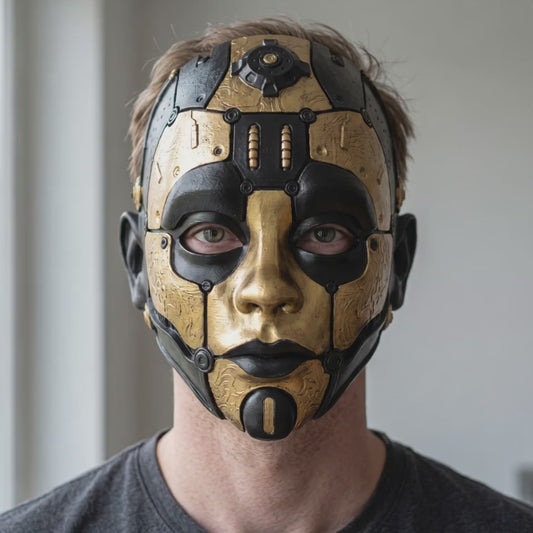 Cyborg Humanoid Robot Mask - Black/Gold worn on a model