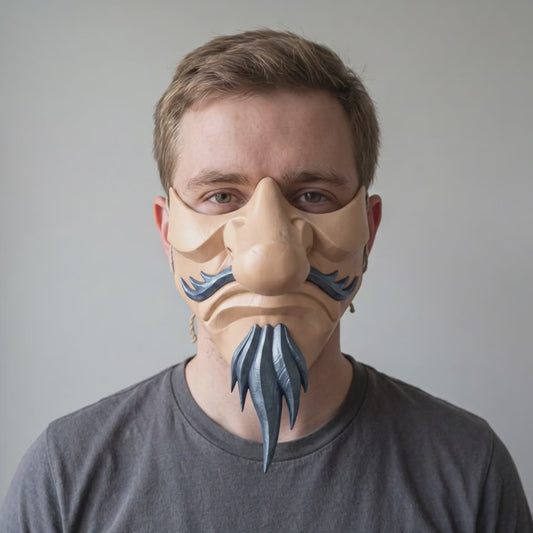 Tengu Japanese Half Face Mask - Orange Ice / Ice Blue worn on a model