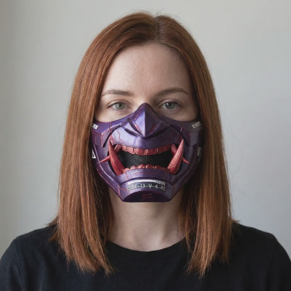 Cyberpunk Oni Mask Metallic Violet worn on a model
