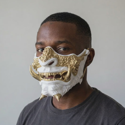 Japanese Oni Mask - White worn on a model