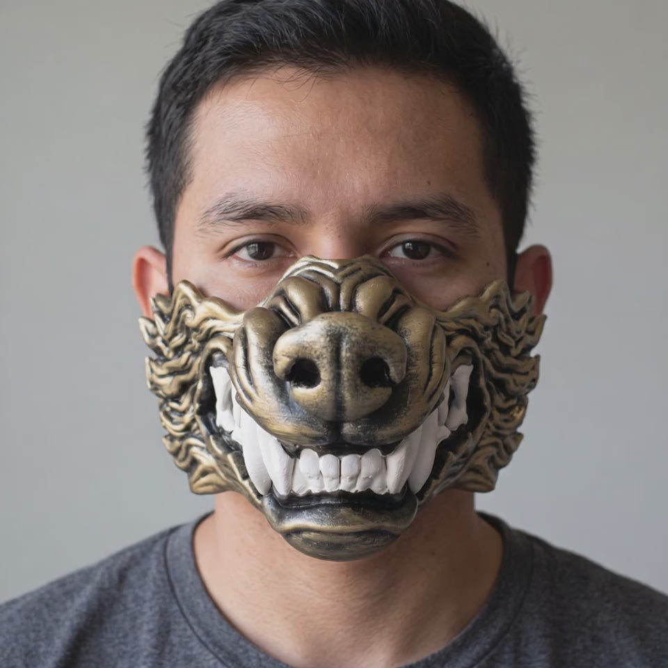 Wolf Snarling Animal Face Mask - Black/Gold worn on a model
