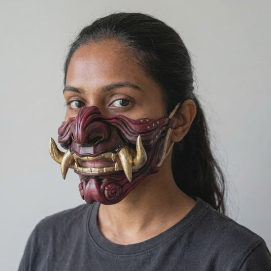 Samurai Oni Mask - Red worn on a model