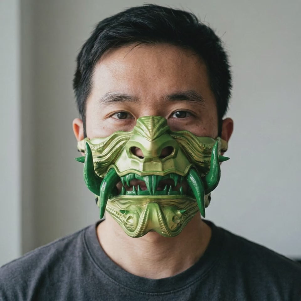 Samurai Oni Demon Mask - Gold/Green worn on a model