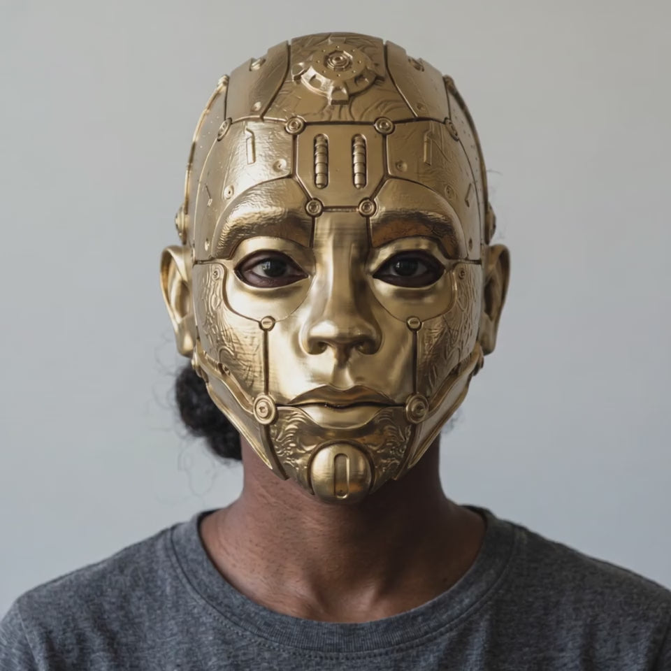 Cyborg Humanoid Robot Mask - Gold worn on a model