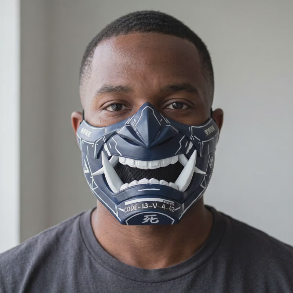 Cyberpunk Oni Mask - Midnight Blue/White Stripes worn on a model