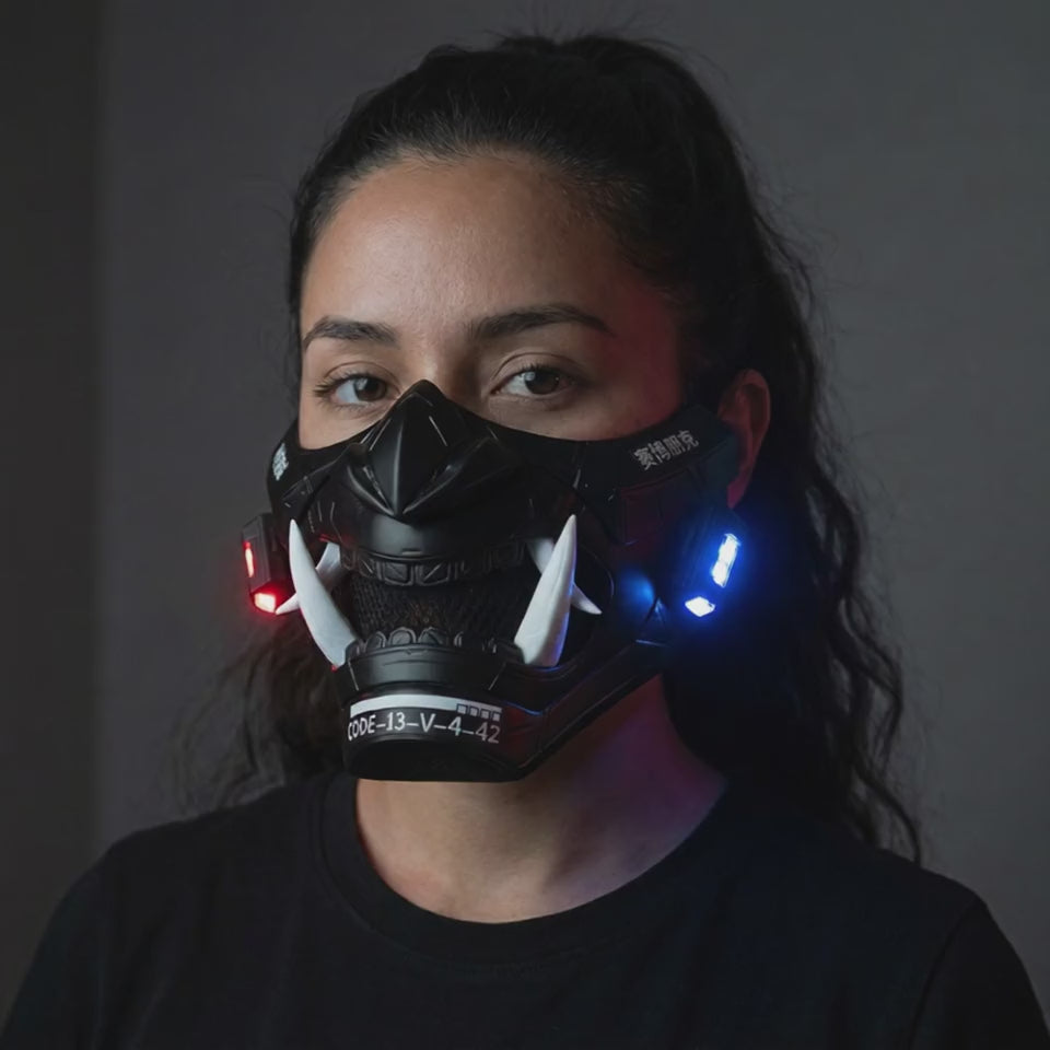 Cyberpunk LED Oni Mask Matte Black worn on a model