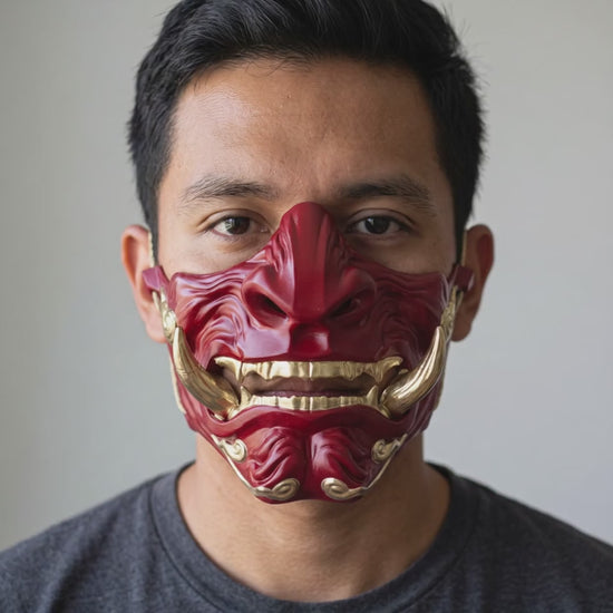 Demon Oni Mask - Red worn on a model