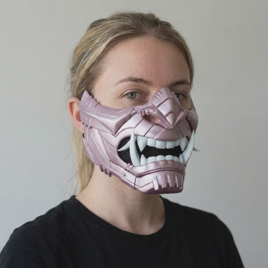 Cyber Oni Mask Metallic Rose worn on a model